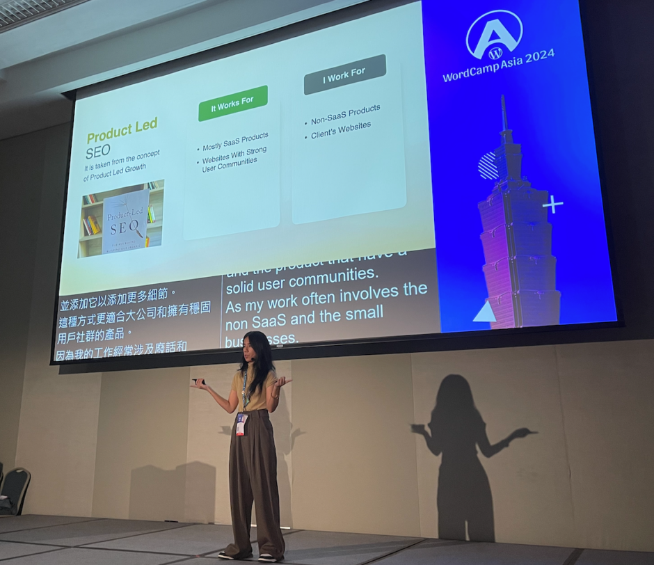 Mina Tamang presenting "Beyond Keywords: User-Centric Approach to Product-Led SEO" at WordCamp Asia 2024
